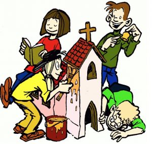drei Kinder bauen Kirche